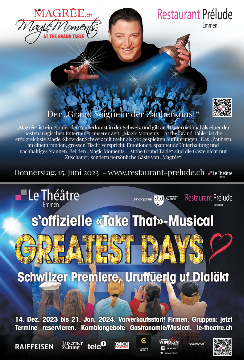"Take That"-Musical Greatest Days, Schwiizer Premiere, Uruffüerig uf Dialäkt, Le Théâtre, 19.30 Uhr, www.le-theatre.ch 