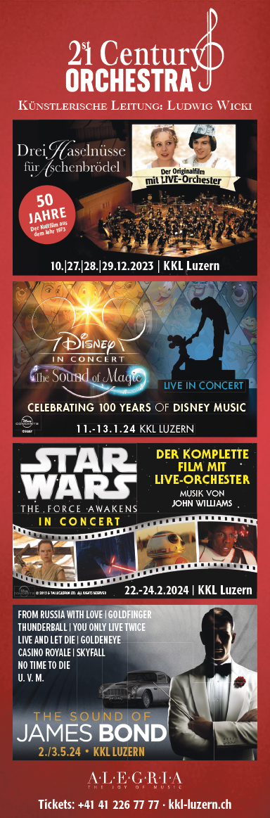 Disney in Concert, The Sound of Magic, KKL, 15.00 Uhr und 19.30 Uhr, www.kkl-luzern.ch
