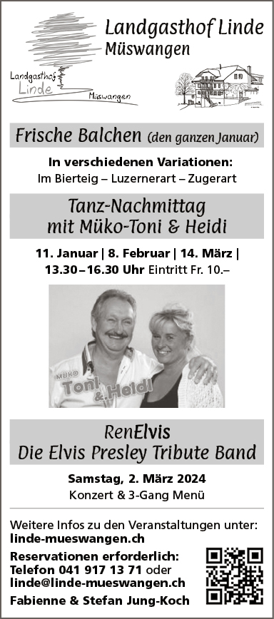 Tanznachmittag mit Müko-Toni & Heidi, Landgasthof Linde, 13:30 Uhr bis 16:30 Uhr, Eintritt 10.-, linde-mueswangen.ch