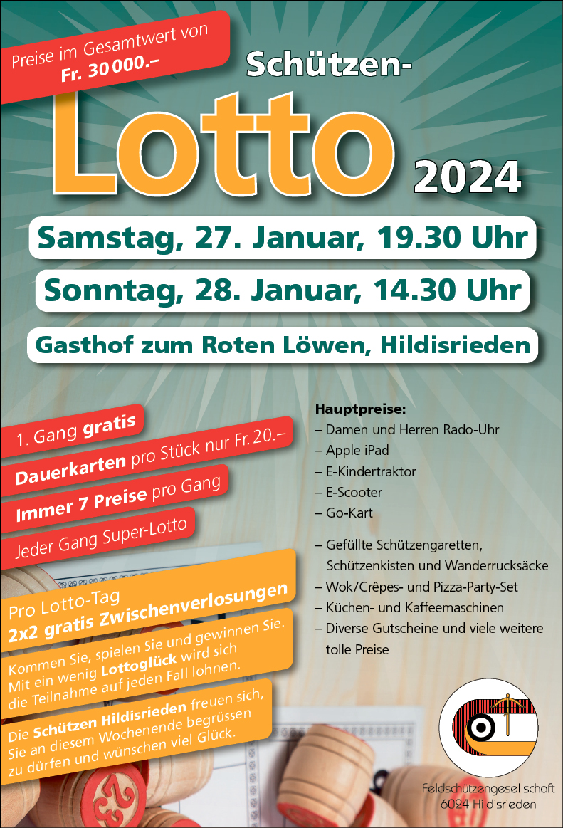 Schützen-Lotto, Feldschützengesellschaft Hildisrieden, Gasthof zum Roten Löwen, 19.30 Uhr