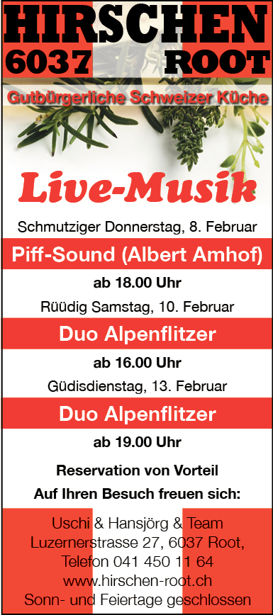 Live-Musik mit Duo Alpenflitzer, Restaurant Hirschen, Rüüdig Samstag, ab 16 Uhr