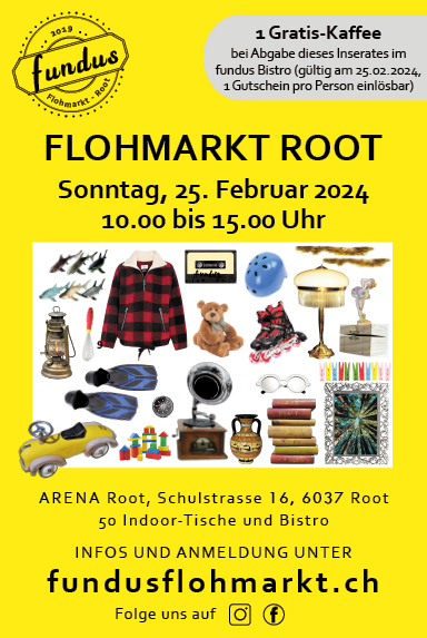 Fundus Flohmarkt, Arena, Schulstrasse 16, 10.00 bis 15.00 Uhr, www.fundusflohmarkt.ch