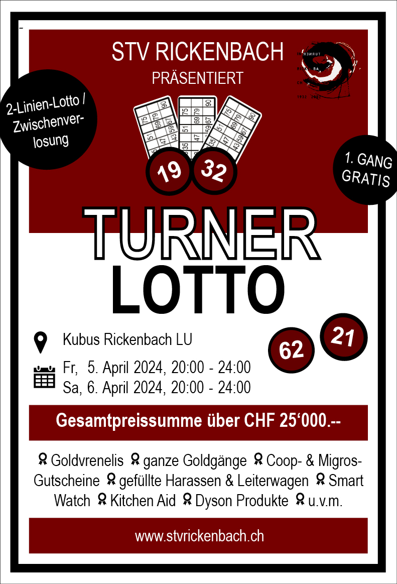 Turner Lotto STV Rickenbach, Kubus, 20.00 bis 24.00 Uhr, www.stvrickenbach.ch